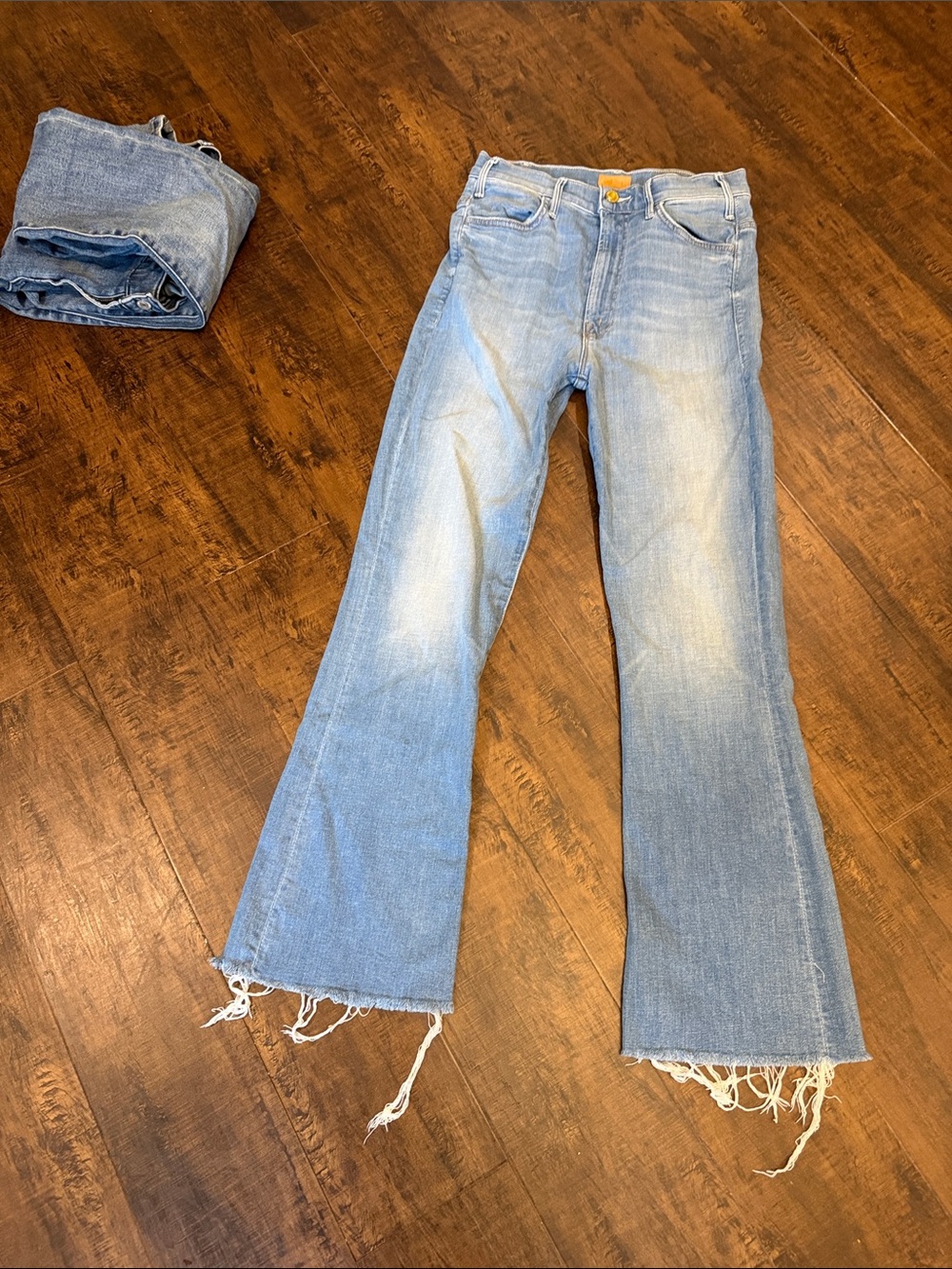 MOTHER Light Blue Frayed Hem Flare Jeans